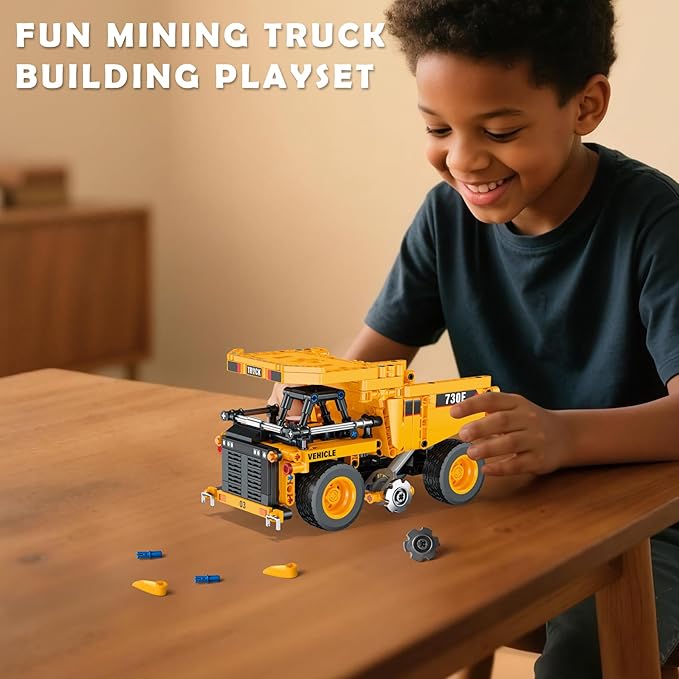 2-in-1 Construction Vehicle Building Blocks Set: Convertible Mining Dump Truck & Forklift Toy with Rotating Axle for Realistic Play – STEM Learning Toys for Kids Ages 8-12