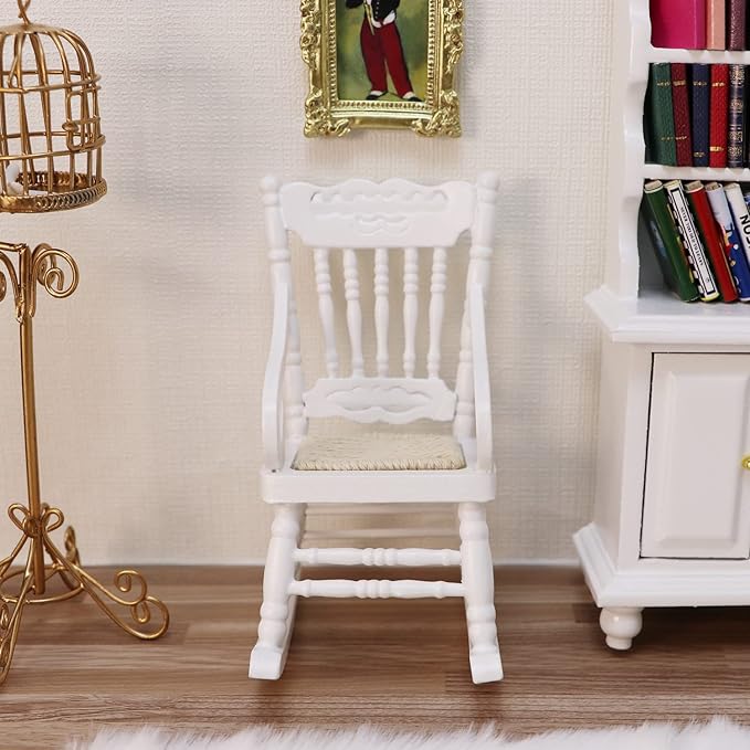 Dollhouse Miniature Rocking Chair 1:12 Scale Wooden Furniture Accessories Tiny Mini House Home Outdoor Decoration Model Living Room Scene Christmas Craft Displays (White)