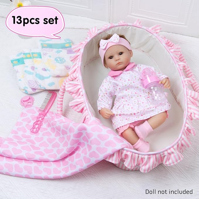 10 Pcs Reborn Baby Doll Clothes Pink Outfit Accessories for 16-18 Inch Reborn Dolls Newborn Baby Girl Clothes Set with Bassinet