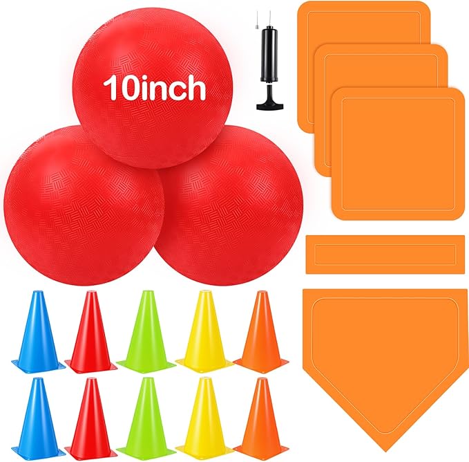 Jenaai 20 Pcs Sports Kickball Set, 3 10'' Playground Ball, 5 Rubber Throw Down Bases, Ball Pump, Net Bag, 10 Foul Line Cones, Kickball All in One Kit for Kids Adults Playground Backyard Game (Red)