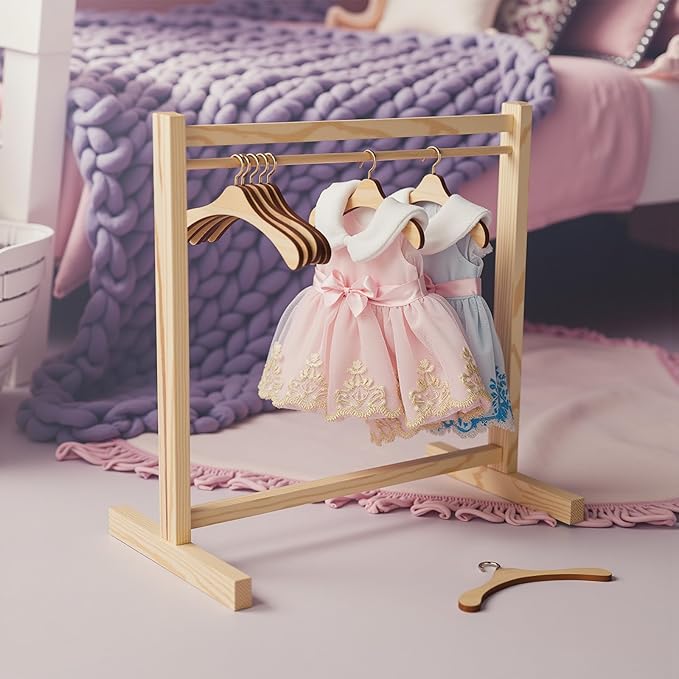 BABESIDE 10 Pcs Doll Garment Rack with Wooden Baby Doll Hangers, Doll Accessories for 18 Inch Doll Girl, 18 InchDoll Girl Clothes Storage Furniture