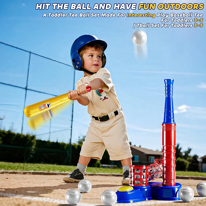 T Ball Sets for Kids 3-5, Baseball T-Ball Set with 10 Balls, Outdoor Sport Toy Games for 3-12 Year Old Boys Girls Toddlers, Training Batting Tee for Backyard and Lawn Play