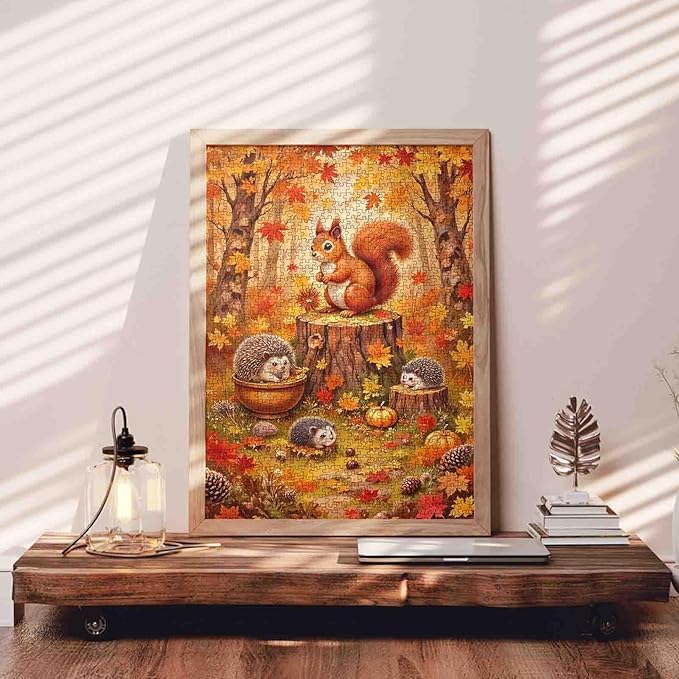 Autumn Fallen Leaves Jigsaw Puzzles 1000 Pieces Squirrels Hedgehog Animals for Adults Thanksgiving Puzzles Gifts for Friends and Family Stress Relief Toys Wall Art Decor Gift 19.7 x 27.6 in