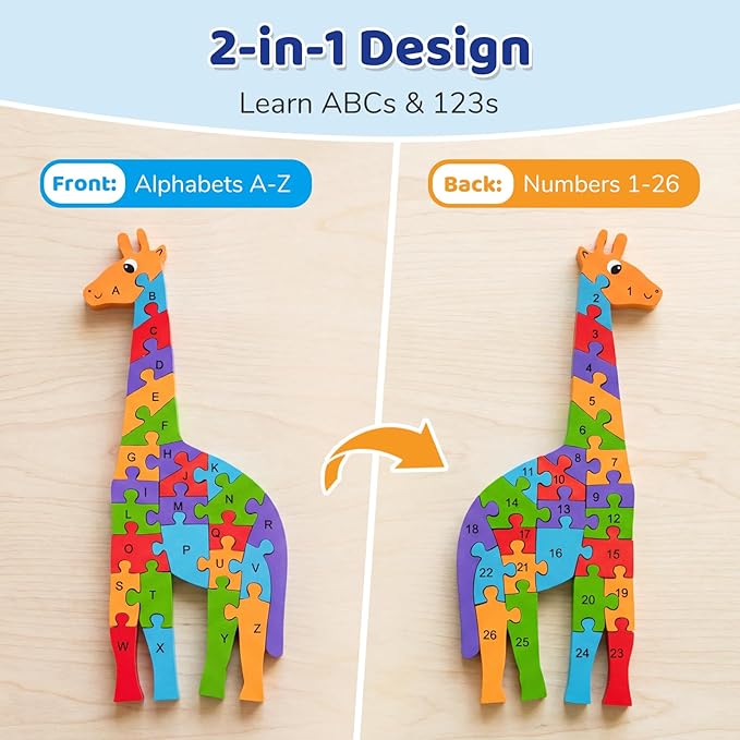 LovesTown Wooden Puzzles for Kids, Double Sided Giraffe Jigsaw with Alphabet & Numbers, Montessori Educational Toy for Toddlers, Chunky Animal Gift (Pack of 2)