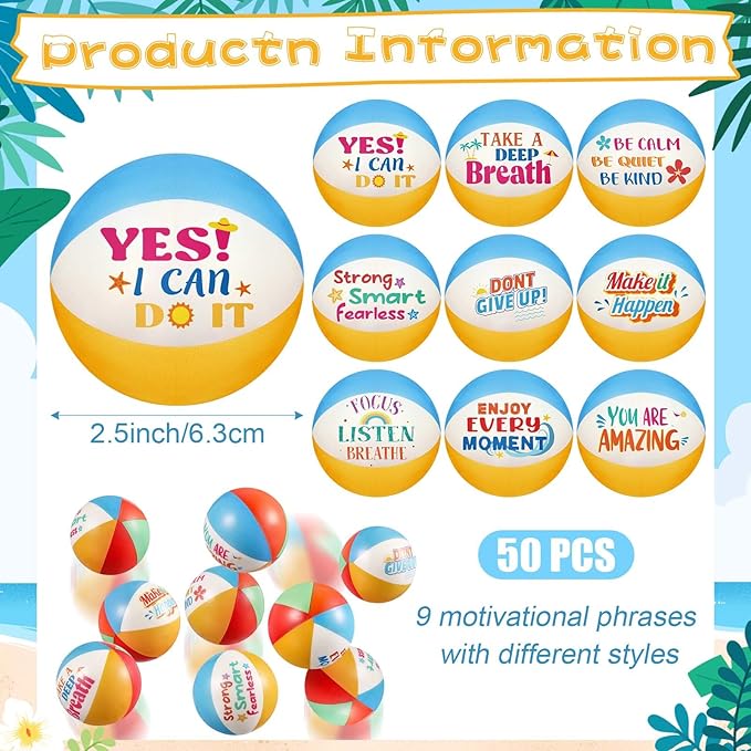 Blulu 50 Pcs Mini Beach Stress Balls with Motivational Quotes 2.5" Foam Bulk Rainbow Squeeze Sports Toys with Storage Bag for Hawaiian Beach Party Favors Birthday Gifts Rewards