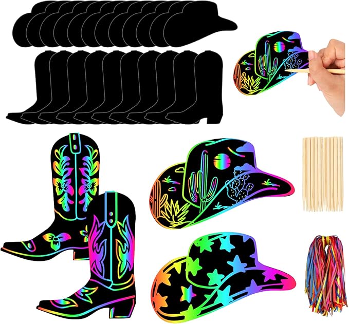JarThenaAMCS 60 Pcs Western Cowboy Scratch Paper Craft Kits Cowboy Hat Boot Scratch Cards Ornaments with Ribbon & Wood Styluses for Party DIY Crafts Painting Supplies