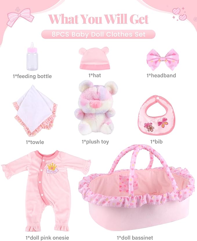 BABESIDE 8 Pcs Reborn Baby Doll Clothes with Bassinet for 17-22 Inch Babydolls, Reborn Baby Doll Accessories and Baby Dolls Clothes fit Realistic Baby Dolls Girl, Pink