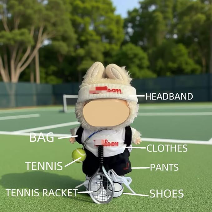17 cm Doll Tennis Clothes Outfit，Clothing Accessories for Lububu Dolls，Sports Style Doll Set Outfits (7-Piece Set), Includes Top+Pants+Tennis Racket+Ball Charm+Shoes+Bag+Headband(RED+Black+White)