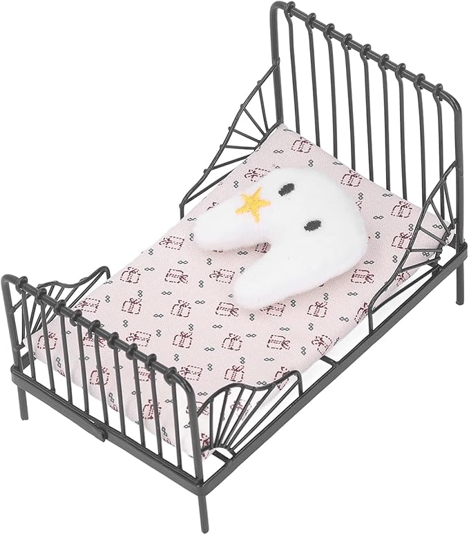 Fydun 1:12 Doll House Bed, 1 12 Children Metal Miniature Bedroom Bed,1 Scale European Furniture Accessory Black Frame with Mattress Pillow for Decor Type B (Type A)