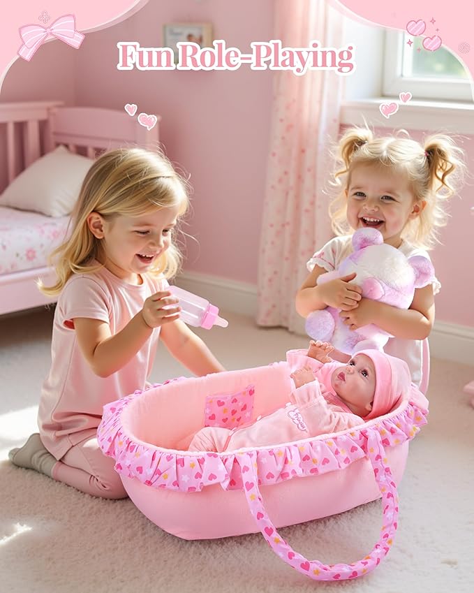 BABESIDE 8 Pcs Reborn Baby Doll Clothes with Bassinet for 17-22 Inch Babydolls, Reborn Baby Doll Accessories and Baby Dolls Clothes fit Realistic Baby Dolls Girl, Pink