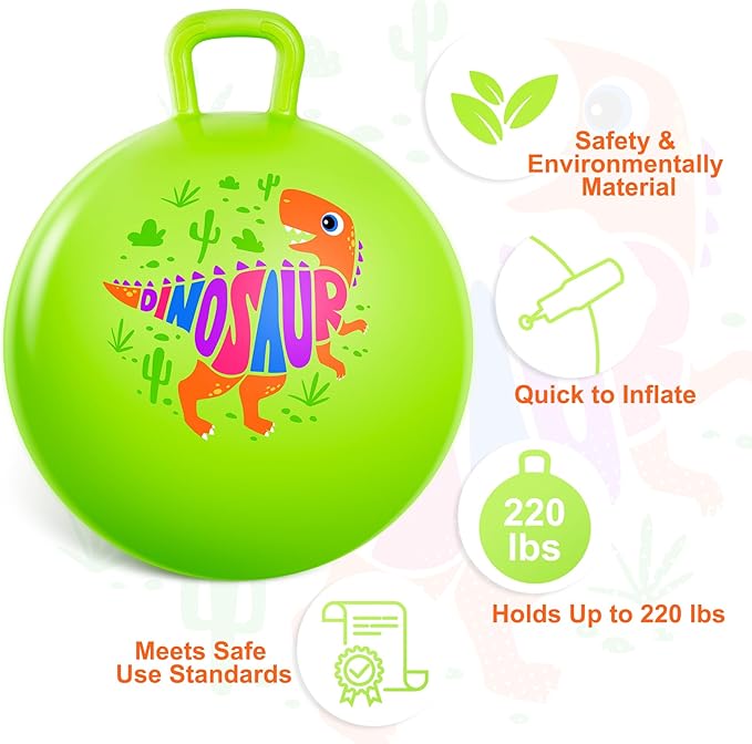 ZOOJOY Hopper Ball for Kids Aged 3-8, 18In Bouncy Balls with Handle, Green Dinosaur Hoppity Hop Ball with Pump, Indoor Outdoor Easter Basket Stuffers Hopping Toys for Boys Girls 3 4 5 6 Gifts