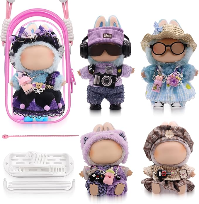 Clothes for Labubu, 23-piece Clothes and Accessories Set Designed for Labubu Doll Clothes, Includes Display Bag, Clothes Rack, Headphones, Camera, Glasses, Shoes, and 6 Mini Accessories - Style E
