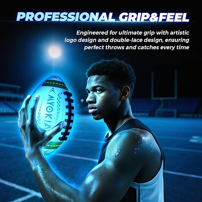 RGB Waterproof Rechargeable Light Up Football Birthday Gift, Glow in The Dark Football with Pump & USB Cable, Tri-Color (Red, Green, Blue), Size 6, Outdoor Night Games
