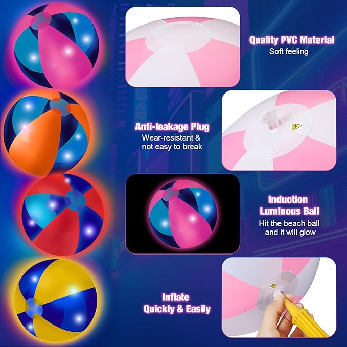 12 Pcs Light up Beach Balls 16'' Jumbo Pool LED Balls Glow in the Dark Neon Giant Inflatable for Summer Hawaiian Tropical Theme Beach Party Decor Water Accessory (Mixed Color)