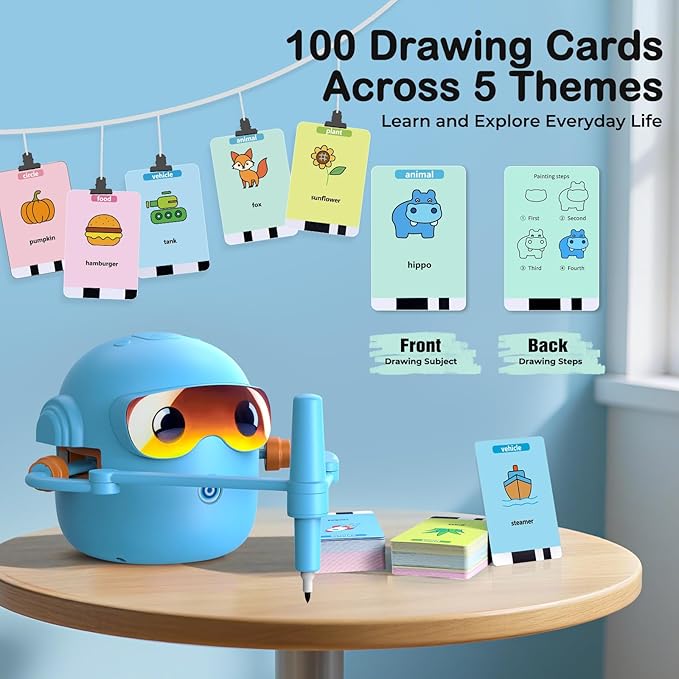 NAUQUOHZ Drawing Robot for Kids with 100 Cards, Montessori Painting Toys with Voice Interaction&16 Color Pens Educational Drawing Machine Toys for 3 4 5 6 7 8 Year Old Boys Girls
