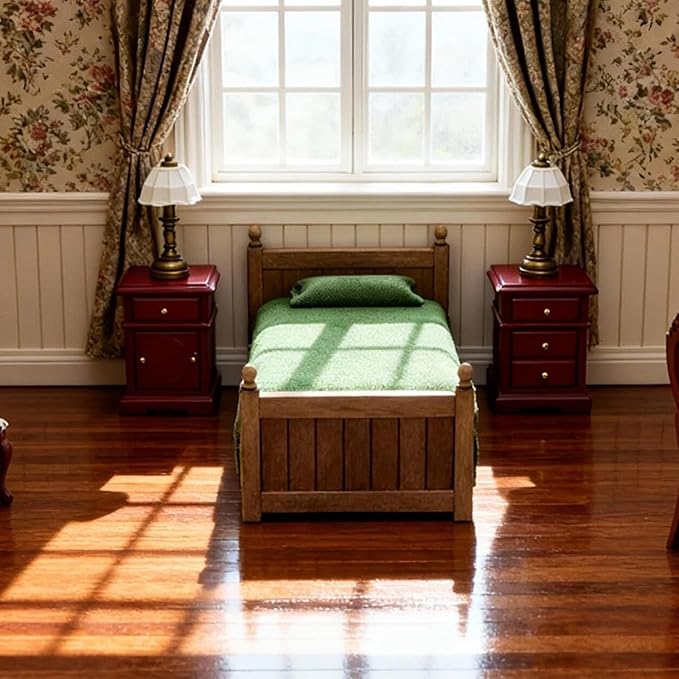 Dollhouse Miniature Bed with Drawer 1:12 Wooden Furniture European Bedroom Bedding Furniture Accessories with Pillow & Mattresses Vintage Floral Fabric Mini House Decoration (Brown)