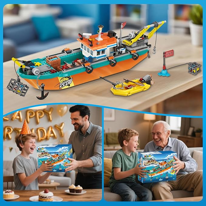 City Fishing Boat Wharf Building Set - Floatable Sea Fishing Ship Building Block Kit with Speedboat Crane Containers Exploration Boats Toy Birthday Gift for Kids Boys Girls 6 7 8 9 10+, 762PCS
