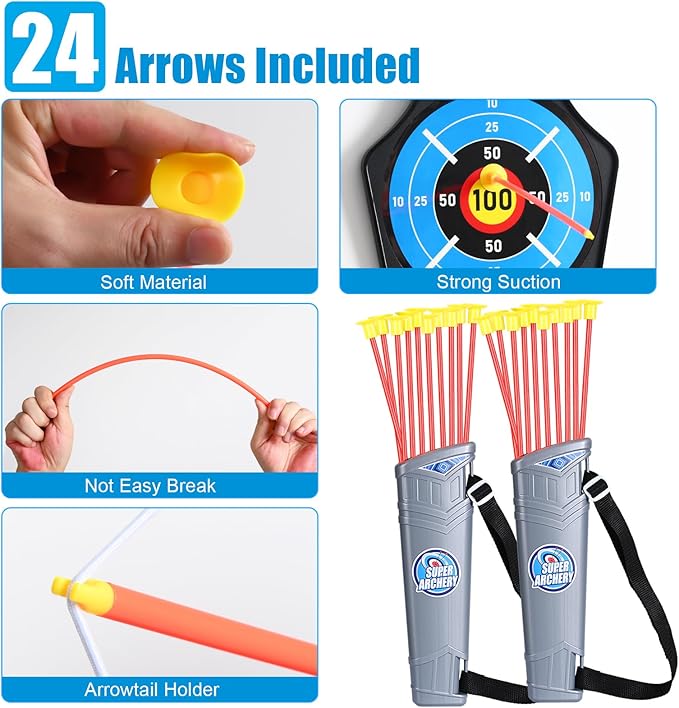 Bow and Arrow for Kids : LED Light Up Archery Set with 24 Suction Cup Arrows, 1 Standing Target, 6 Score Targets & 2 Quiver | Indoor Outdoor Sport Gifts for Boys Girls Ages 4 5 6 7 8 9 10 | 2 Pack