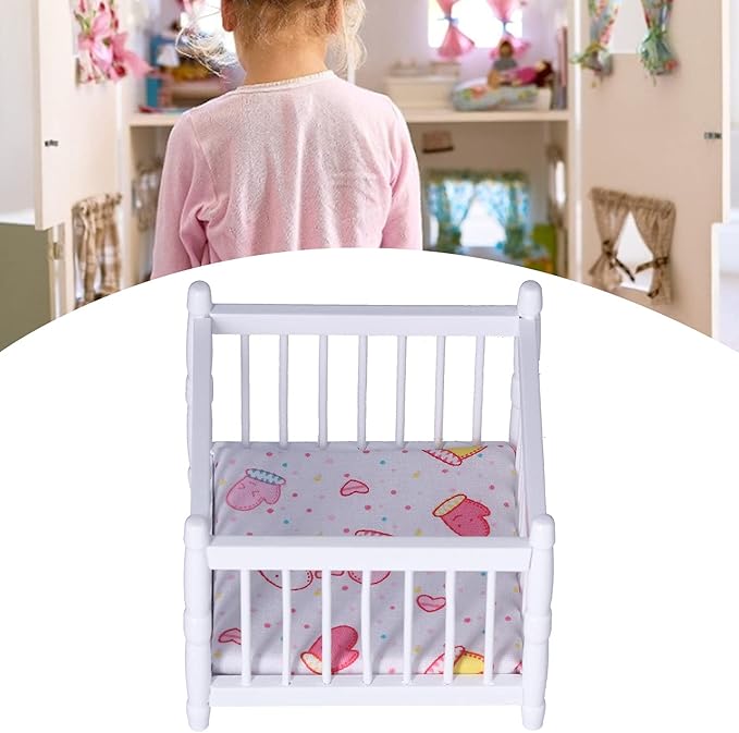 1:12 Scale Wooden Doll House Baby Bed DIY Miniature Doll House Mini Furniture Accessories with Mattress Square Bed White Children's Day Gift