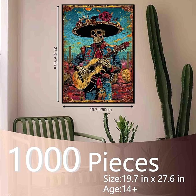 Halloween Skull Play Guiter Puzzles for Adult 1000 Piece Men Skeleton Day of The Dead Art Puzzles for Challenging Family Activity Game Colorful DIY Puzzle Musical Instrument Wall Decor Gifts