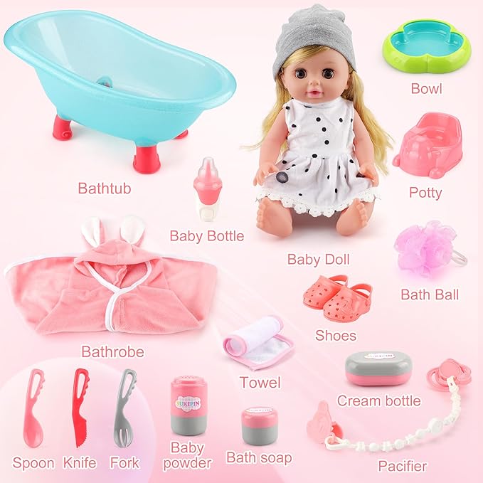 SUKIPIN Baby Doll Bath Set, Baby Dolls for 5 Year Old Girls for Easter Basket Stuffers, Doll Bathtub Toys for 3 4 5 Years Old Girl Birthday Gifts (Bathtub Set)