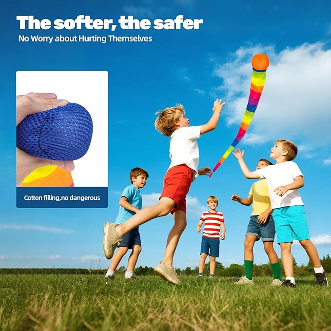 Wholelovein 37.5inch Throw and Catch Balls with Rainbow Tail, Soft Sports Play Comet Balls Playground Toys Bulk for Kids Adults Games and Activities