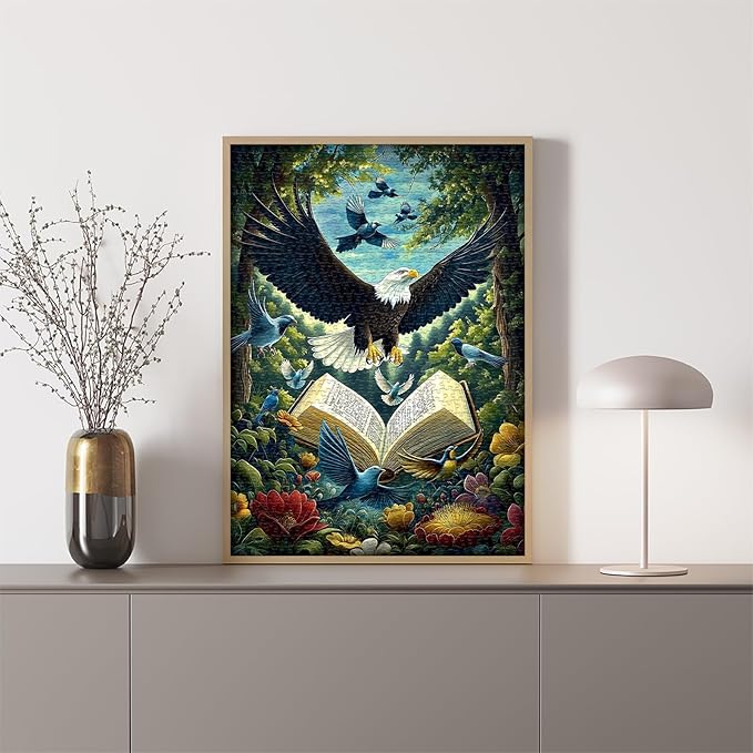 Eagle Puzzles for Adults 1000 Pieces, Fantasy Book Nature Forest Plant Puzzle, Animal Bird Bald Eagle Flower Challenge Jigsaw Puzzle