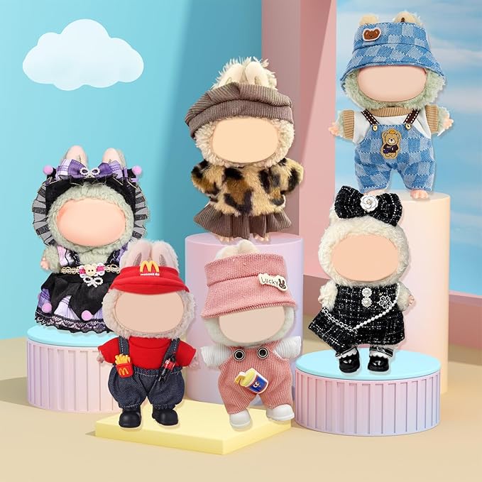 6 Pack Doll Clothes for LABUBU 17cm Doll, Exquisite Luxury Designer Outfits with Hats & Accessories, Cute Doll Clothing Set Suitable for Dress up Unique Style (No Dolls)