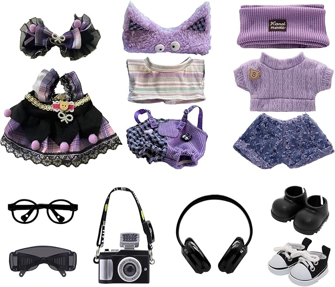 Clothes for Labubu, 9-piece Clothes and Accessories Set Designed for Labubu Doll Clothes, Includes Glasses, Goggles, Boots, Black Canvas Shoes, Headphones, Camera, and Accessories for Labubu - Style H
