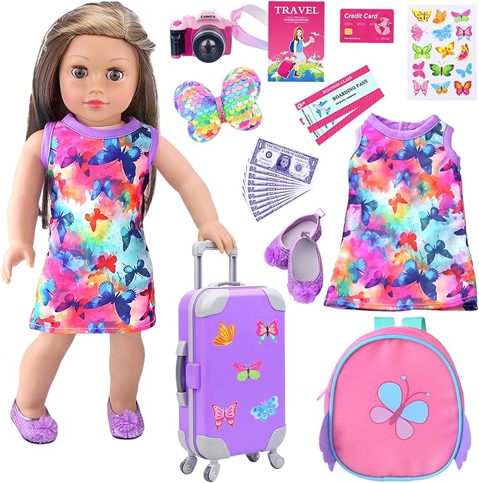 American Doll Clothes and Accessories 18 Inch Playset with Suitcase, Dresses, Shoes, Backpack and Other DIY Butterfly Stuff for Girl Gift Present for Children (NOT Include Doll)