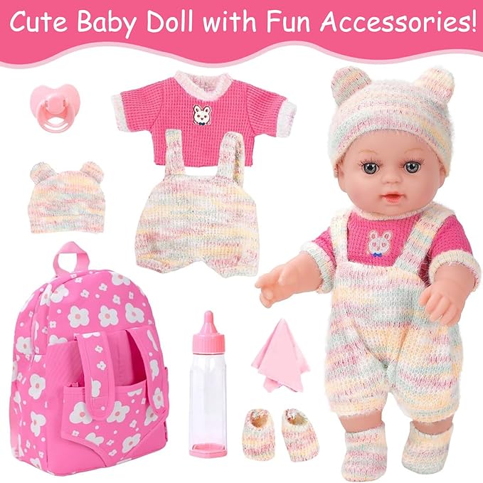 12'' Baby Doll with Backpack in Gift Box, Baby Doll Accessories Set Included 12 Inch Cute Realistic Baby Dolls, Clothes, Carrier, Washcloth, Bottles, Nipple, Socks, Hats for 3+ Girls