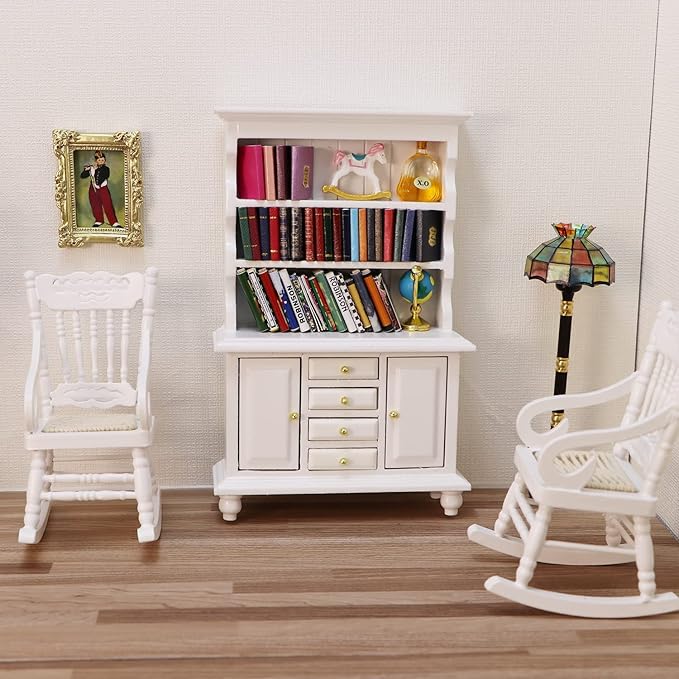 Dollhouse Miniature Rocking Chair 1:12 Scale Wooden Furniture Accessories Tiny Mini House Home Outdoor Decoration Model Living Room Scene Christmas Craft Displays (White)