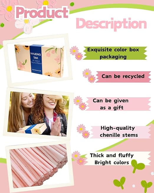 YYUENGTAK 350 Pcs Pink Pipe Cleaners Flower kit with tutoria,Fluffy Yarn,Green Floral Wires,Gardening Tape,Stamen(2 Colors)，Pipe Cleaners Craft,Chenille Stems for DIY Art Projects Creative Gift Decor