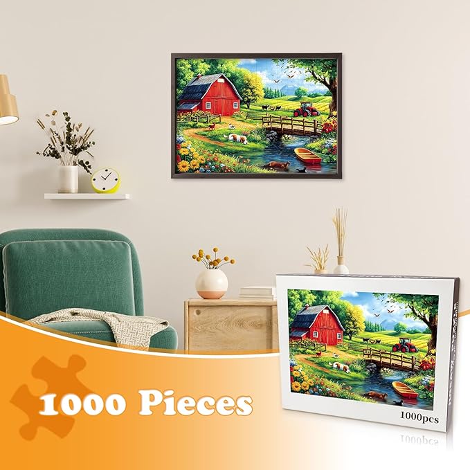 1000 Piece Farm Barn Jigsaw Puzzle for Adults, Fields Grass Puzzles for Adults 1000 Pieces, Challenging Puzzle for Friends Family Activity Game Nights, Finished Size 27.6" x 19.7"