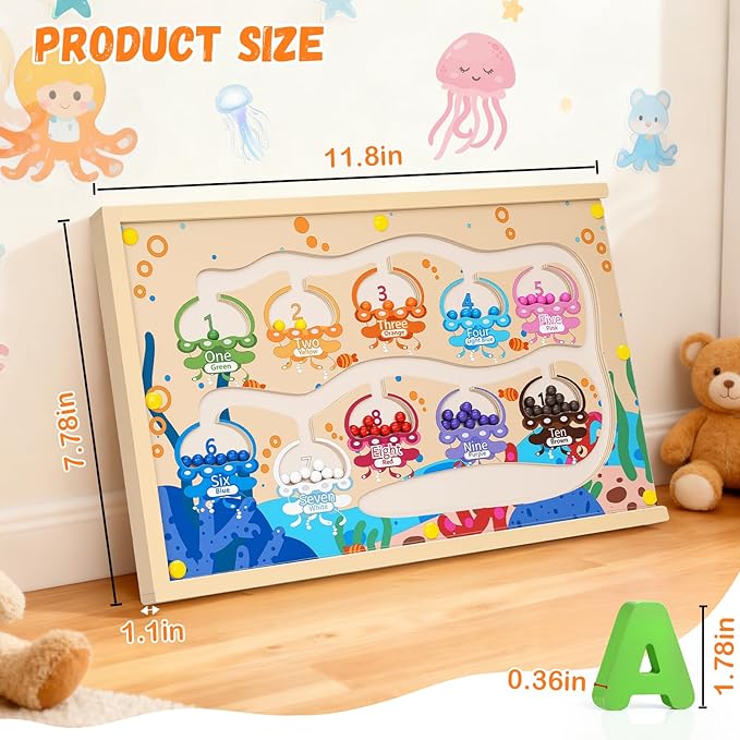 4-in-1 Magnetic Color and Number Maze Toys Box with Alphabet Puzzles Drawing Board, Wooden Storage Montessori Toy for 3-5 Year Old, Toddlers Educational Learning Toy Gifts for Kids Boys Girls