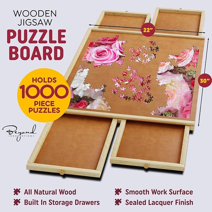 1000 Piece Rotating Puzzle Board with Drawers and Cover - 4 Drawers, Wooden Jigsaw Puzzle Table | 30” X 22”| Jigsaw Puzzle Board - Portable Puzzle Tables for Adults and Kids by Beyond Innoventions