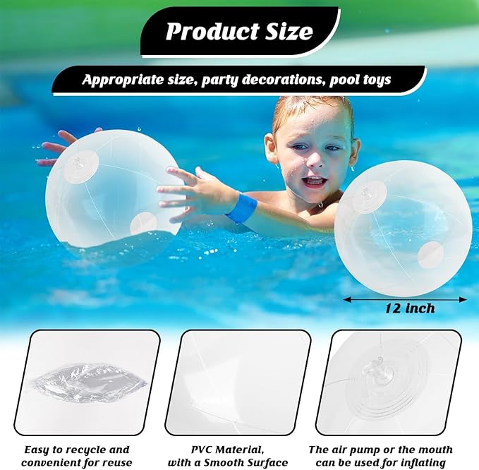 10 Pack Clear Beach Ball - 12Inch Blow Up Beach Ball Party Supplies for Kids, Inflatable Floating Balls for Summer Pool Parties, Outdoor Activities & Birthday Decorations (Transparent)