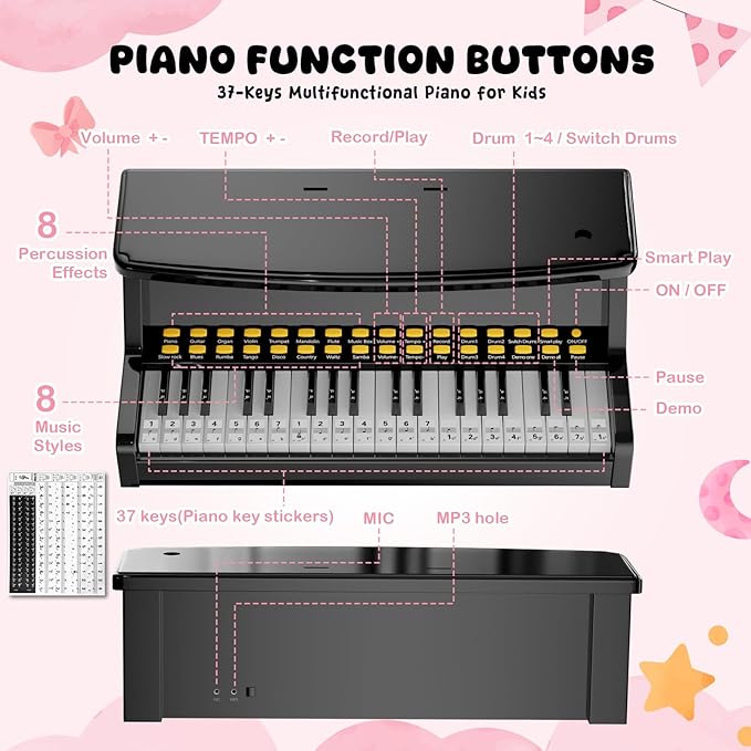 Toy Pianos for Kids Ages 3-7 - with Piano Keyboard Stickers for Toddler Piano Learning Beginners 37 Keys 4 5 6 Years Old Girls and Boys Birthday Gift