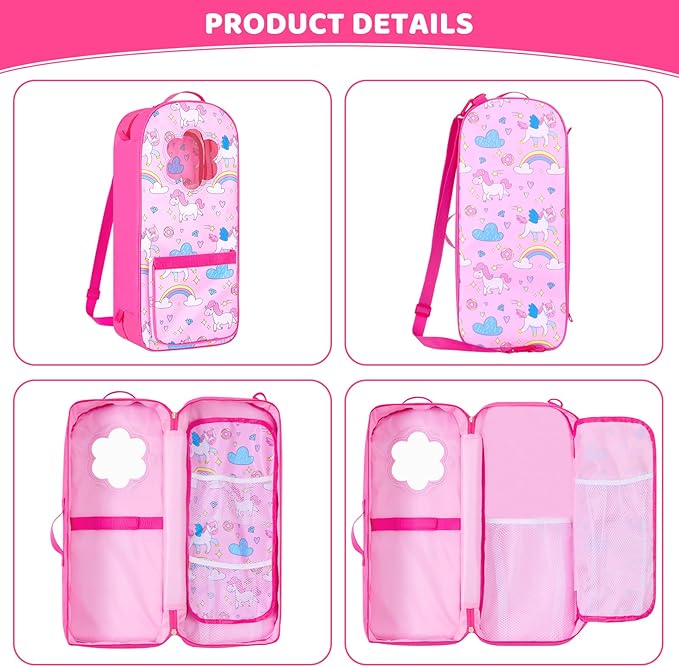 18 Inch Doll Storage Bag - 5PCS Unicorn Theme 18In Doll Accessories Set with Rainbow Dress, Hair Clip, Camera, Stickers & Fashion 18 Inch Dolls Carrier Bag | Perfect for 18" Dolls