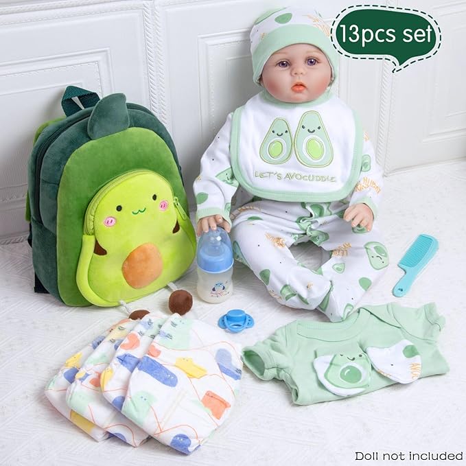13 Pcs Reborn Baby Doll Clothes Boy Green Outfits Accessories for 17-22 Inch Reborn Doll Clothes Newborn Baby Accessories Set with Avocado Backpack