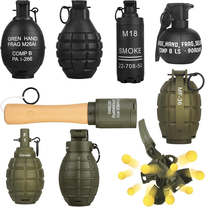 8Pcs Toy Hand Grenade for Tactical Game with 50 Round Ammo Model Battle Fake Grenade Toys for Outdoor Sport Role Play Prop Game,14+ and Adults