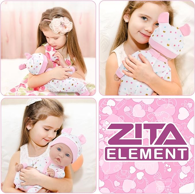 ZITA ELEMENT 12 Inch Baby Doll with Accessories for Baby Doll Reborn Includes Carrier Bassinet Bed, Pacifier, Blanket, Pillow, Feeding Set, New Born Doll Playset for Toddlers 3 Ages and Up