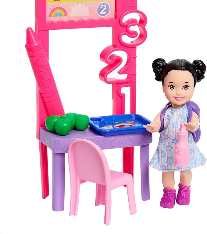 Barbie Careers Teacher Playset with Fashion Doll Wearing Removable Dress, Toddler Small Doll, Classroom Board & Accessories