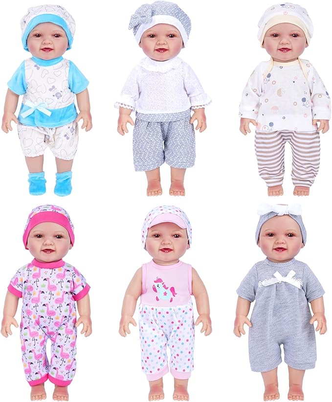 BABESIDE 6 Sets of Baby Doll Clothes for 12-15 Inch Babydolls, 14 Pcs Dolls Clothes and Baby Doll Accessories with Hats, Pants, Headband and Socks, Pretend Play Toys for Kids 3+