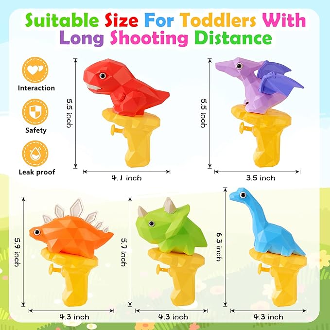 5PCS Dinosaur Squirt Guns for Toddlers, Summer Pool Toys, Outdoor Water Blasters for Kids 2-6
