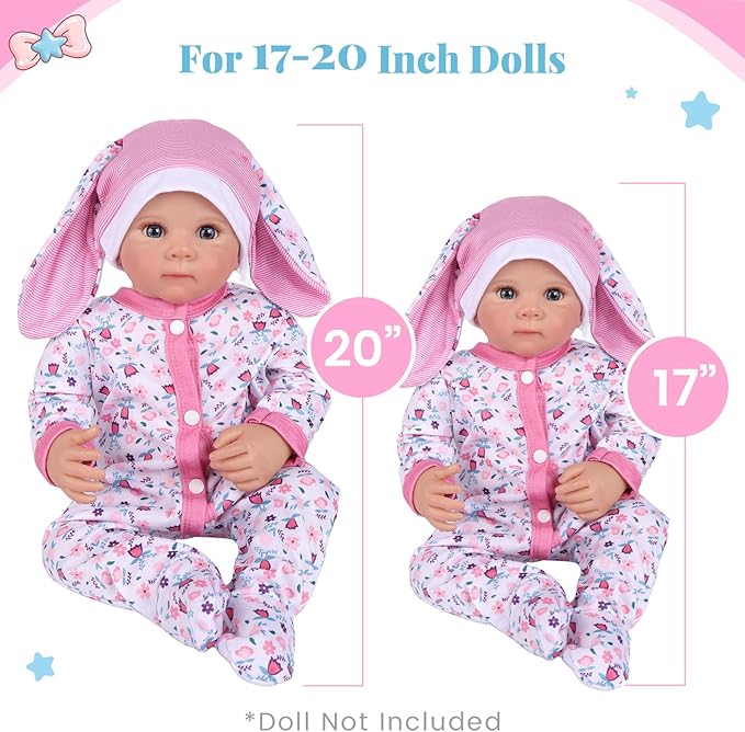 BABESIDE 4 Pcs Reborn Baby Doll Accessories and Clothes for 17-20 Inch Baby Dolls, Pink Floral Doll's Clothes Set with Hat, Pacifier and Chain for Dolls Girls Boys (Doll not Included)