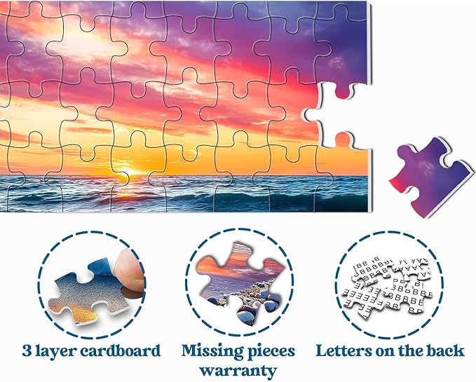 Beach Puzzles for Adults 1000 Pieces, Ocean Sunset Heart Jigsaw Puzzle, Colorful Marine Love Puzzle