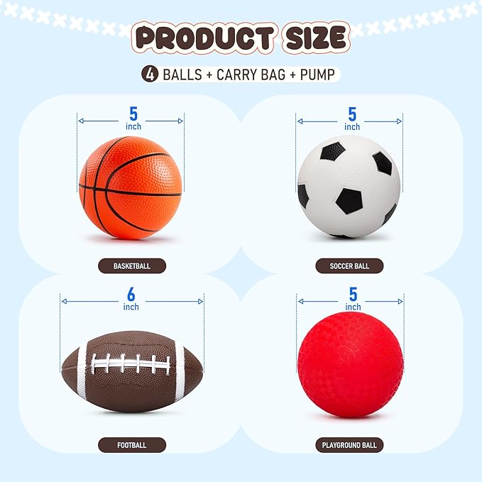 EVERICH TOY Balls for Toddlers 1-3, 4 Pcs 5" Playground Balls for Kids, Soft Rubber Small Sports Ball Set with Football, Basketball, Soccer, Indoor Outdoor Toddler Toys Games Gifts for Boys Girls