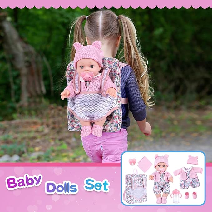 BDDOLL 12 Inch Baby Doll Backpack Playset with Dolls Clothes and Accessories Included Backpack, Washcloth, Bottles, Nipple,Socks, Hats