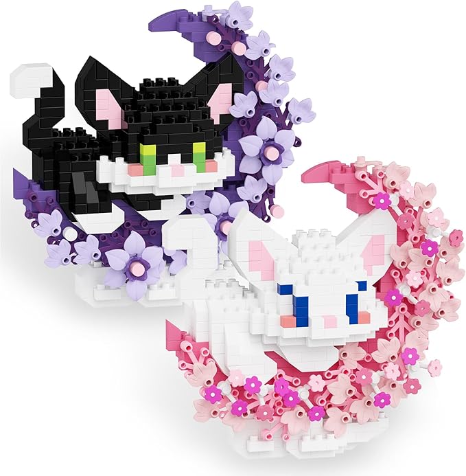 2 in 1 Mini Building Block Set Animals with Flower and Moon, Micro Brick Toy Cats, Creative Art Craft and Home Decor, Birthday Gifts Idea for Adults